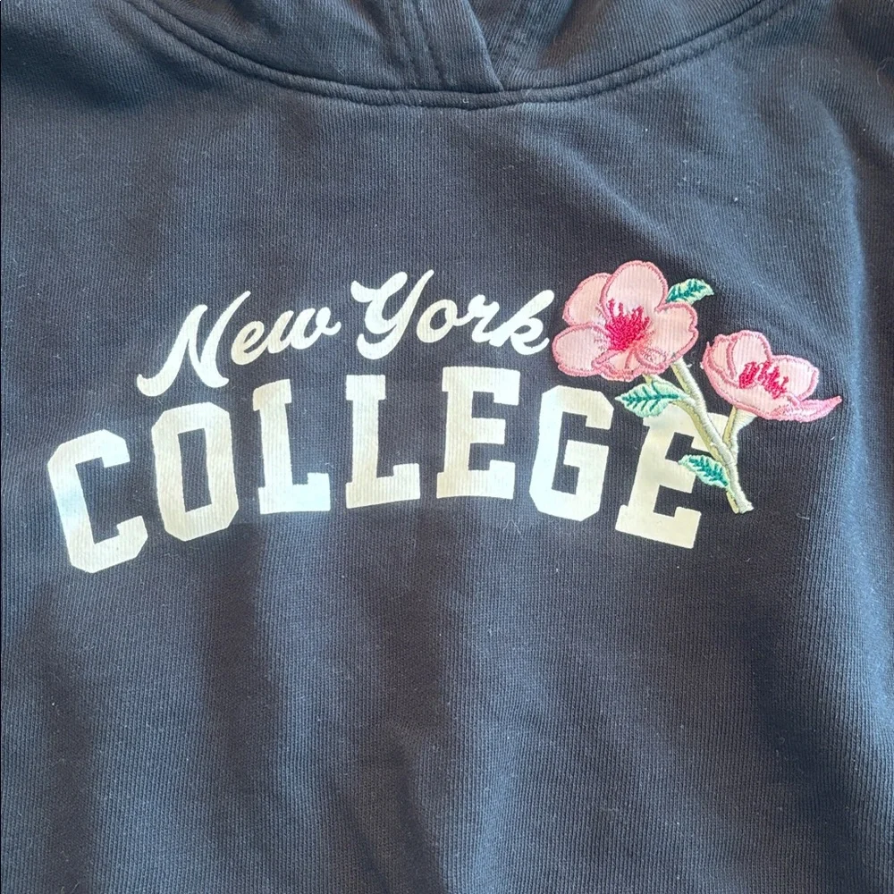 New York College Black Hoodie Sweater with Floral Accent